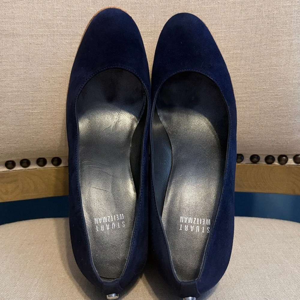 Stuart Weitzman Dark Blue Suede Cork Wedges, Size 8.5 - Picture 10 of 11